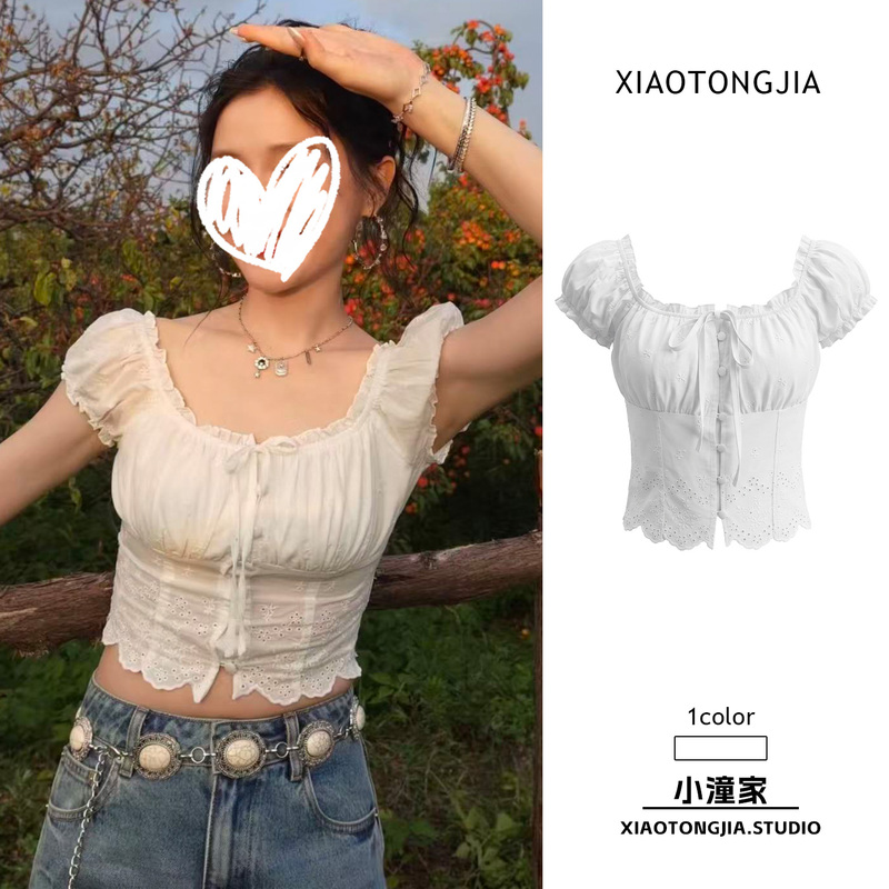 Jin Jing Style White Off-Shoulder Puff Sleeve Shirt for Women, Summer Ruffled Tie Waist Short Crop Top Jin Jing Style White Off-Shoulder Puff Sleeve Shirt for Women, Summer Ruffled Tie Waist Short Crop Top