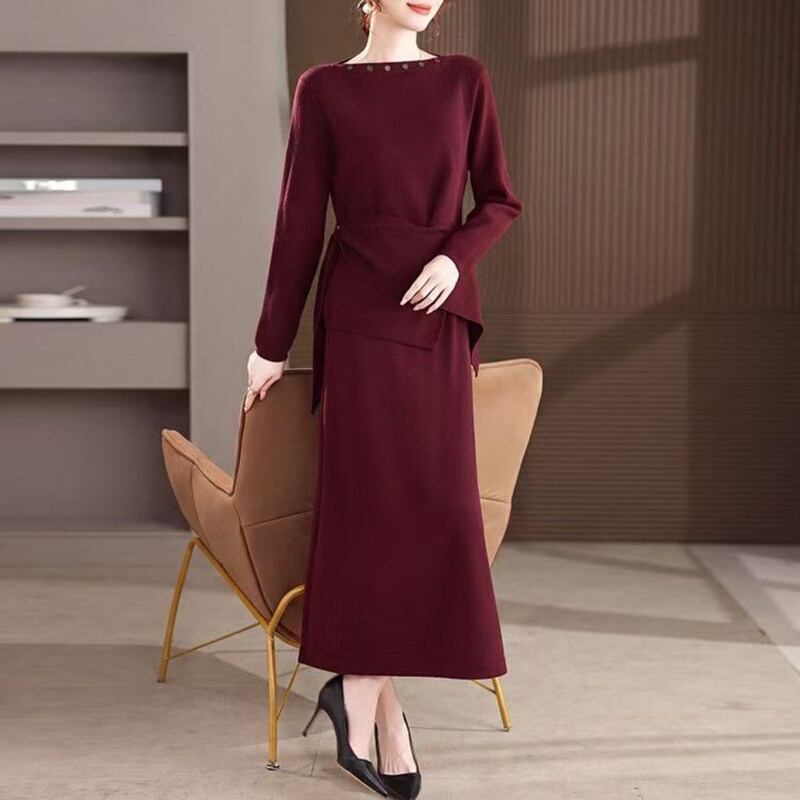Hueq Light Luxury Elegant Autumn and Winter Long-Sleeved Skirt Suit, Fashionable Tie-Up, Slimming, Age-Reducing, Simple Two-Piece Set for Spring Hueq Light Luxury Elegant Autumn and Winter Long-Sleeved Skirt Suit, Fashionable Tie-Up, Slimming, Age-Reducing, Simple Two-Piece Set for Spring