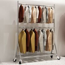 Stainless steel clothing store display rack double pole clothes hanger floor-standing side hanging rack display rack womens clothing bold shelf with wheels
