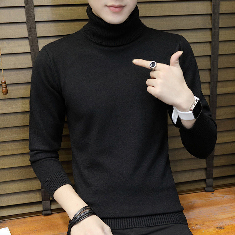 Men's Turtleneck Sweater Autumn and Winter Korean Style Slim Fit Fleece-Lined Thickened Warm Knit Base Shirt Top
