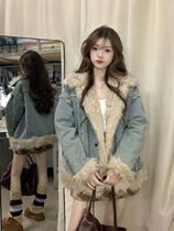 Korean Ensemble Small Subcollege Wind Denim Splicing Fur Jacket Woman Autumn Winter Advanced Sensation Clip Cotton Thickened Cotton Clothes Cotton Clothing