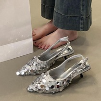 French niche high-heeled shoes silver temperament toe-toe sandals fairy shoes 2024 new spring and summer pointed-toe shoes
