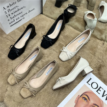 Bow-tie shallow mouth single shoes for women with thick heels 2024 Spring and Autumn New Style Square Toe Medium Heel Grandma Shoes High Heels Work Shoes