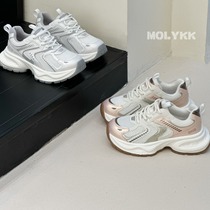 Genuine leather mesh dad shoes for women 2024 spring and summer thick-soled high-lace lace-up breathable sports casual shoes jogging shoes trendy