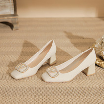 Off-white high-heeled shoes for women with thick heels square toes shallow mouth comfortable and versatile Mary Jane shoes with square buckles and rhinestone fashion single shoes for women