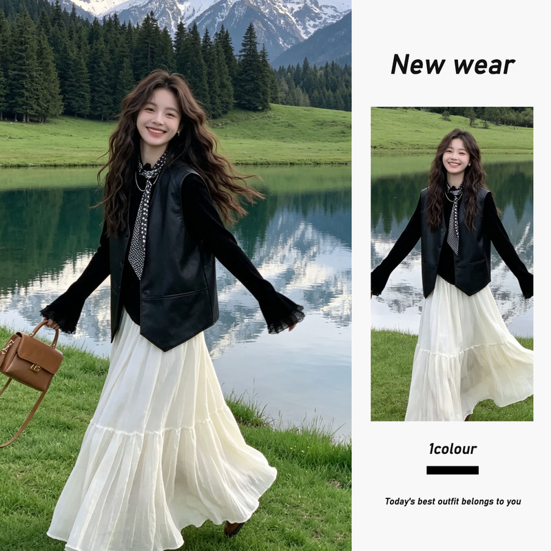 Autumn Outfit Set: French-Style Vest Jacket with Thin Base Layer Shirt, Slimming White Skirt Set for Women