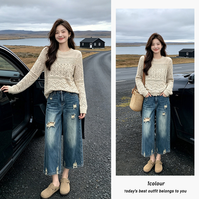 Autumn High-End Style Outfit: Hollow-Out Stylish Versatile Knitted Long-Sleeve Top and Loose Ripped Jeans Two-Piece Set