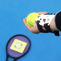 Patented tennis ball throwing training device and serving training device to correct wrist posture and improve serving stability
