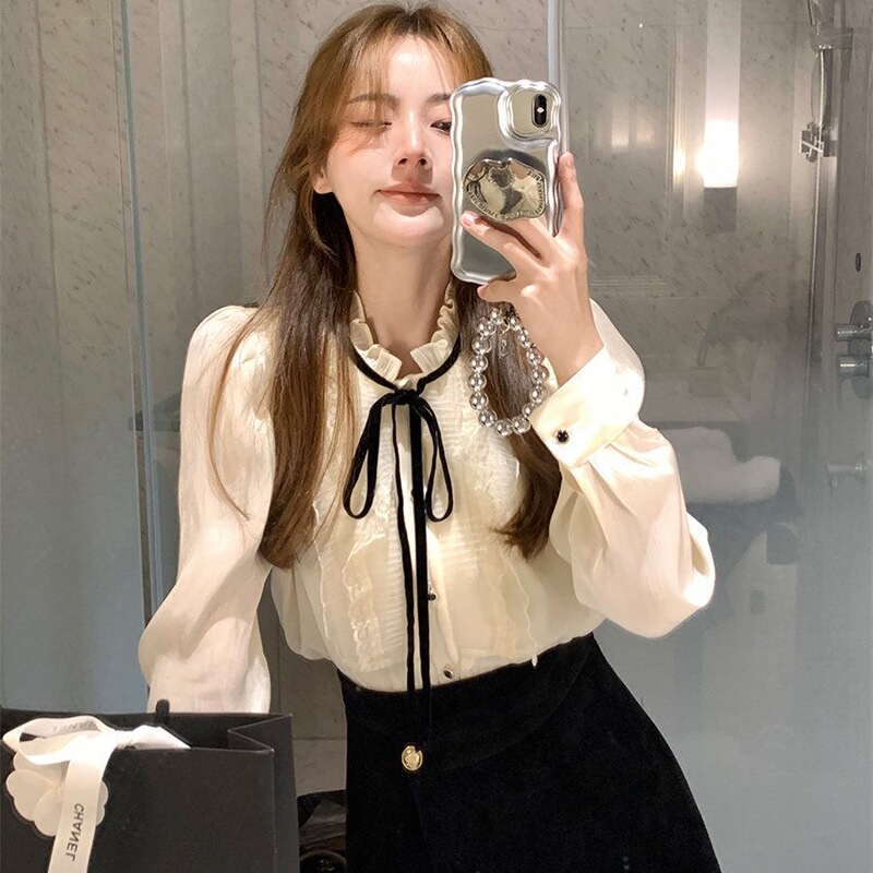 Chiffon Blouse with Lace Trim for Petite Women, Long-Sleeved, New Style
