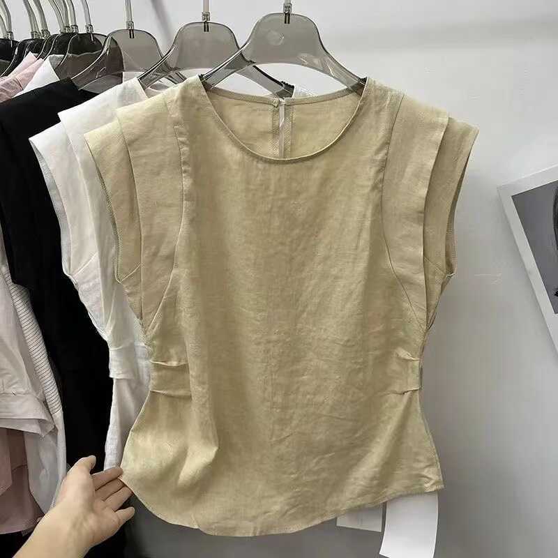 Short-Sleeved Shirt Vest for Women 2024 Summer New Thin Loose Casual Design Cotton Linen Short-Sleeved Top