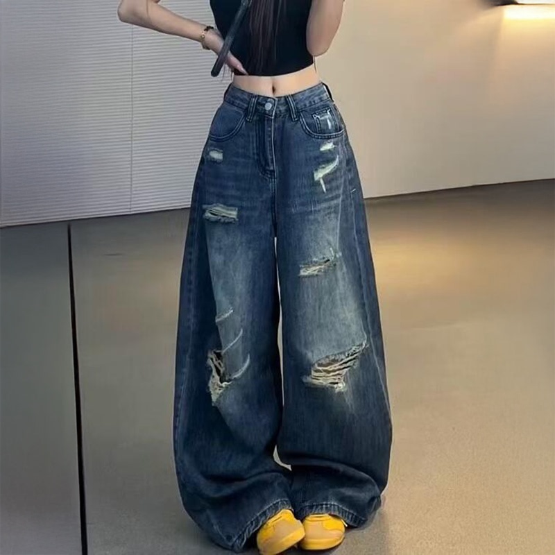 Petite American Retro Distressed Ripped Jeans for Women, High-Waisted, Loose, Slimming, Straight-Leg, Drapey, Wide-Leg, Floor-Length Pants