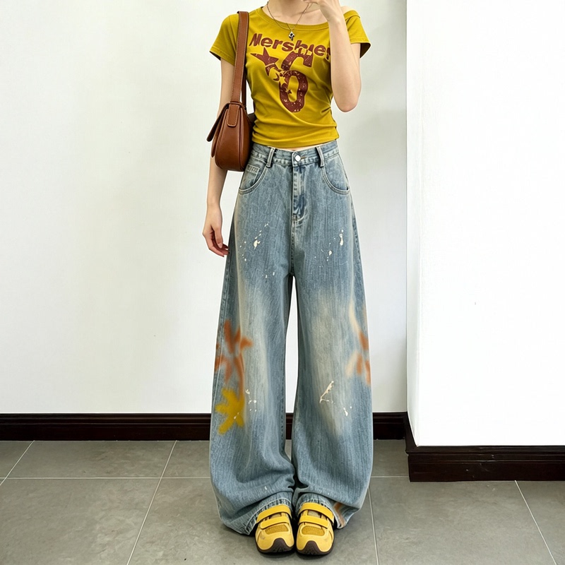 Petite American Retro Style Painted Graffiti High-Waisted Jeans for Women, High Street Loose Fit, Slimming Straight-Leg Wide-Leg Floor-Length Pants