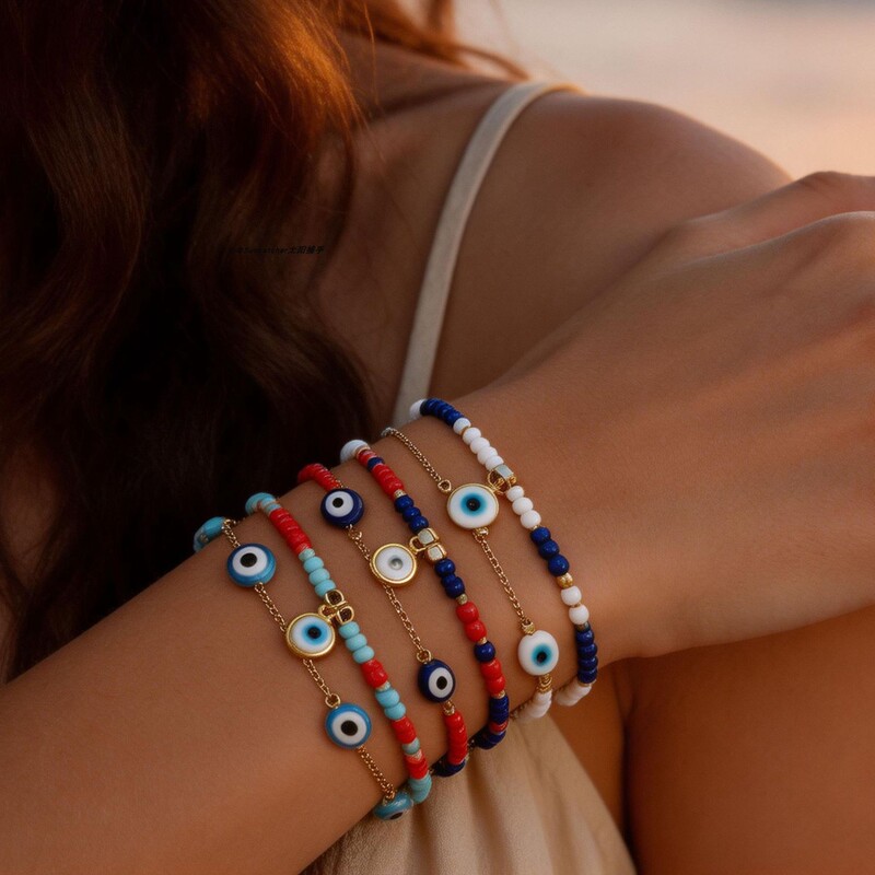 Devil's Eye Multi-Layered Beaded Bracelet Set of 6, Five-Eyed Blue Eye Bracelet Jewelry Devil's Eye Multi-Layered Beaded Bracelet Set of 6, Five-Eyed Blue Eye Bracelet Jewelry