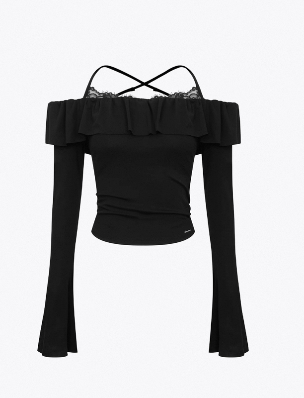 Nanyou High-Quality An26 Spring New Style One-Shoulder Lace Splicing Long-Sleeved T-Shirt Women's Slim-Fitting Top