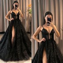 Sweetheart Black Prom Dresses Straps Appliques Glitter Party