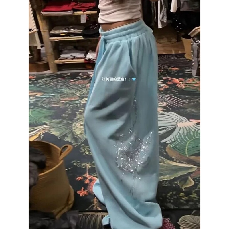 Retro Rhinestone Diamond Butterfly Snake Jazz Dance Pants 2026 Autum Sexy Fashion Wide-Leg Sports Casual Sweatpants for Women
