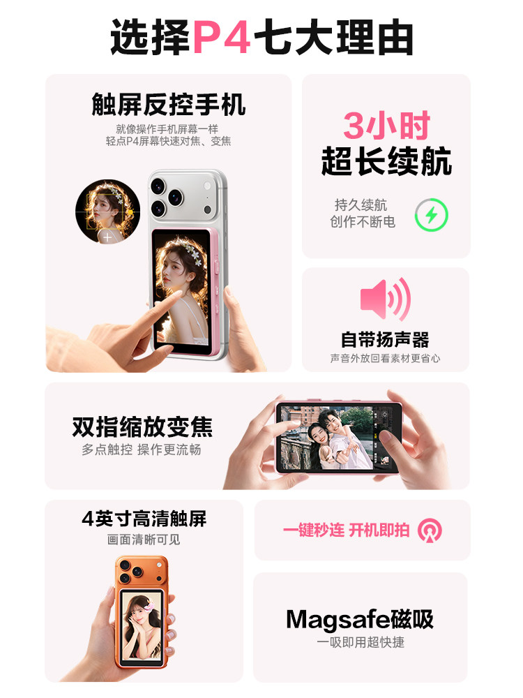 Shimbol P4 Mobile Phone Rear Magnetic Selfie Display Auxiliary Shooting Device Touch Screen Zoom Photo Taking Screen Mirroring Compatible with Apple and Android Selfie Device