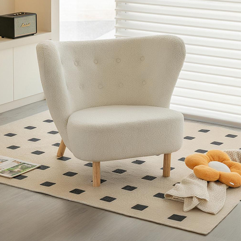 French-Style Lambswool Chair, Cream-Colored Single Sofa, Bedroom Lazy Sofa, Simple White Plush Sofa Chair