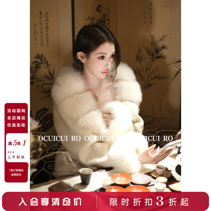 Circlemoon【Zhuangsheng Die Meng】100% Australian Wool/Fox Fur Collar Double-Sided Woolen Coat Short Woolen Overcoat Circlemoon【Zhuangsheng Die Meng】100% Australian Wool/Fox Fur Collar Double-Sided Woolen Coat Short Woolen Overcoat