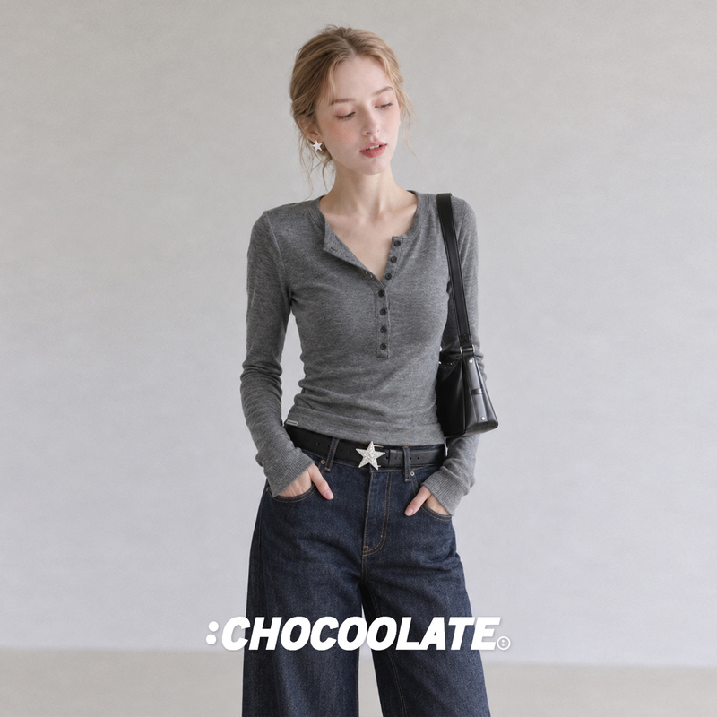 It:Chocoolate High-End Henry Collar Long-Sleeved T-Shirt for Women 2026 New Autumn and Winter Thin Velvet Half-Open Collar Top