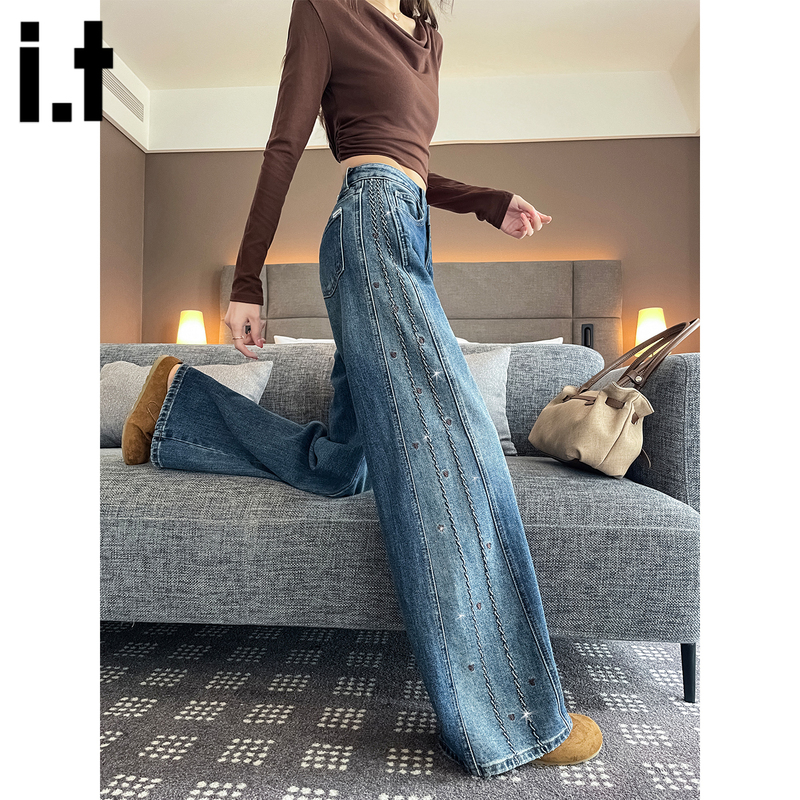 Chocoolate Design-Inspired Embroidered Rhinestone Jeans for Women, 2026 New Pear-Shaped Wide-Leg Pants