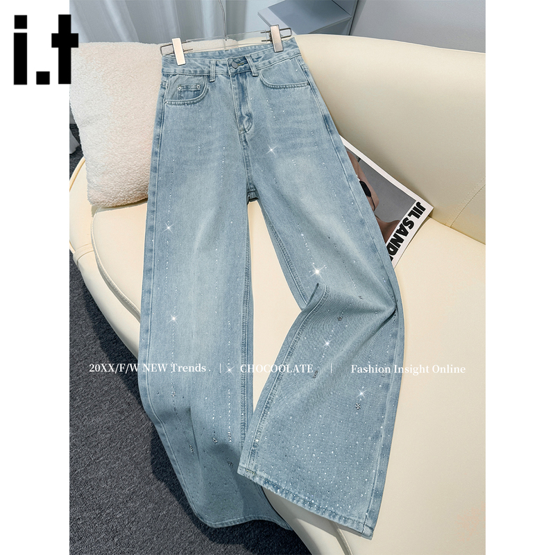 It: Chocoolate Light-Colored Rhinestone Wide-Leg Jeans for Women, Spring and Autumn, Stylish, Slimming, High-Waisted Straight Pants