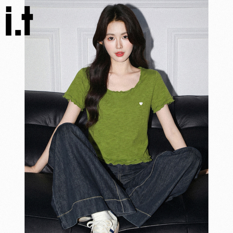 It:Chocoolate Avocado Green Ruffled Short-Sleeve T-Shirt for Women, Summer Design, Regular Shoulder, Slimming Short Top
