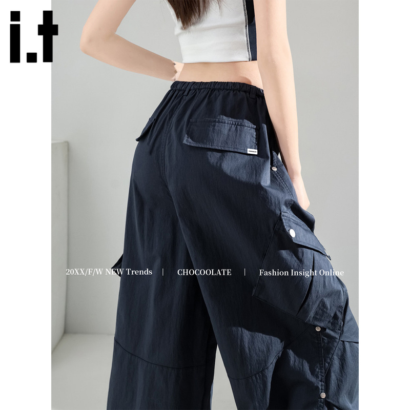 It:Chocoolate American-Style Navy Blue Wide-Leg Cargo Pants for Women, New Spring/Summer Cool and Stylish Loose Straight-Leg Pants