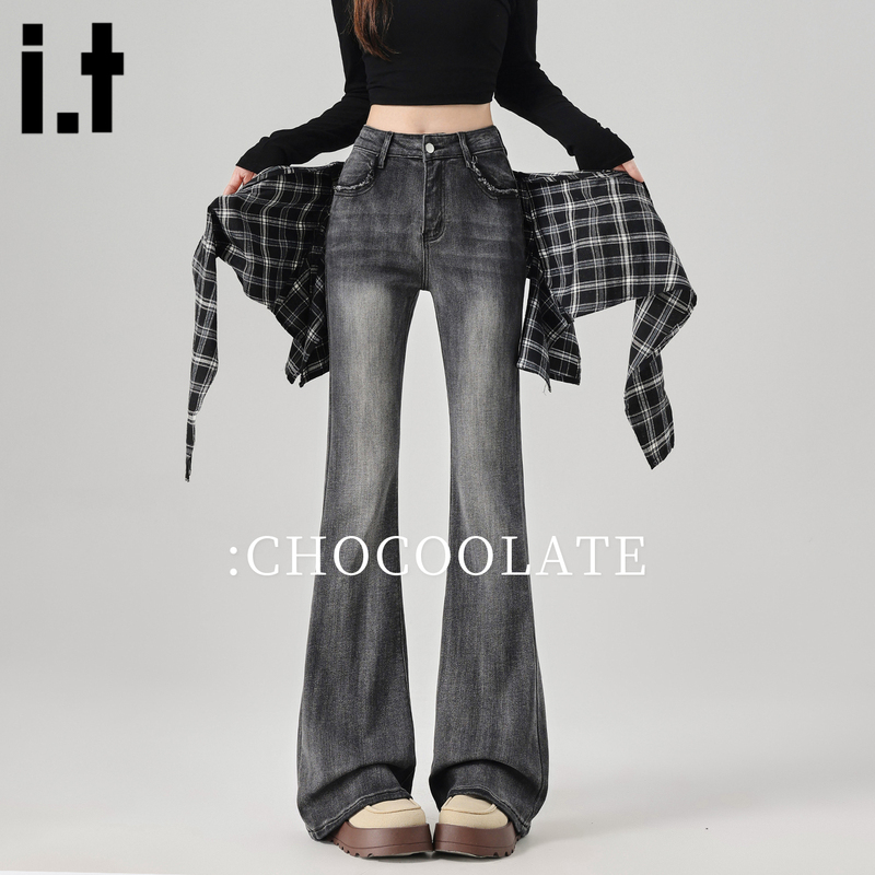 It:Chocoolate Detachable Plaid Flared Jeans for Women 2026 Spring and Autumn Low-Waist Bootcut Pants