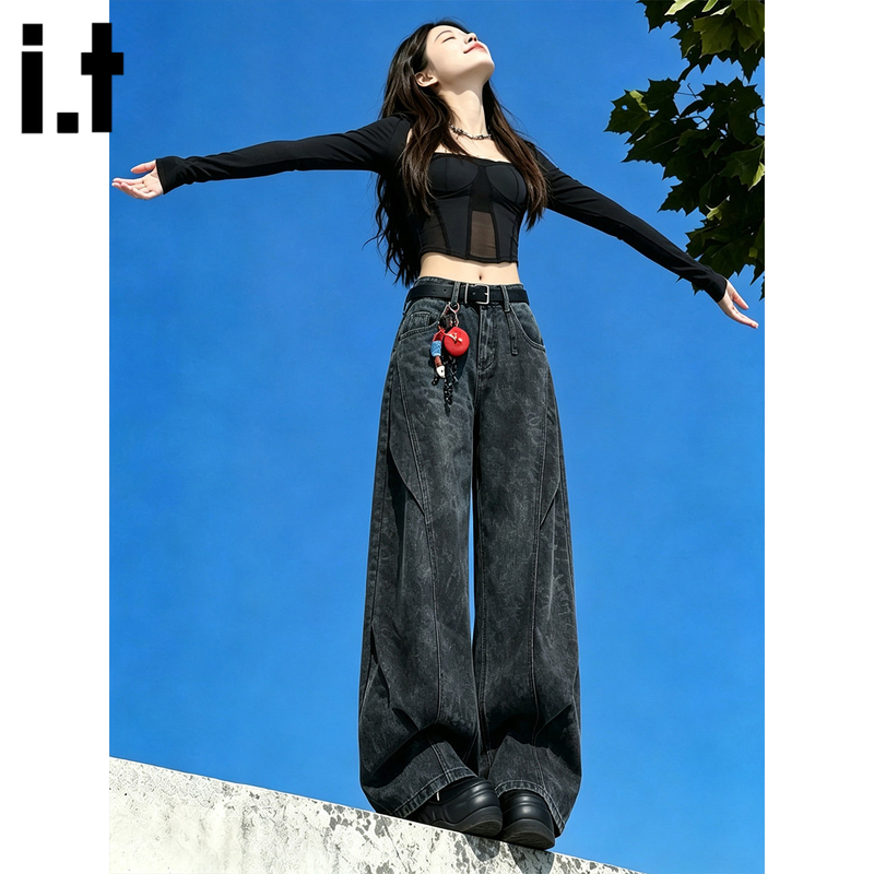 It:Chocoolate American-Style Black Printed Wide-Leg Jeans for Women, Autumn 2026 New Workwear Straight-Leg Pants