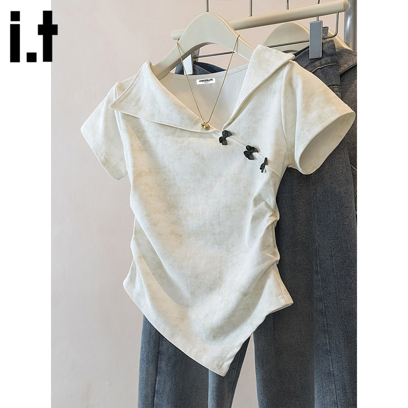 It:Chocoolate Design-Inspired Lapel Short-Sleeve T-Shirt for Women, New Summer Style with Bow, Ruched Waist Top It:Chocoolate Design-Inspired Lapel Short-Sleeve T-Shirt for Women, New Summer Style with Bow, Ruched Waist Top