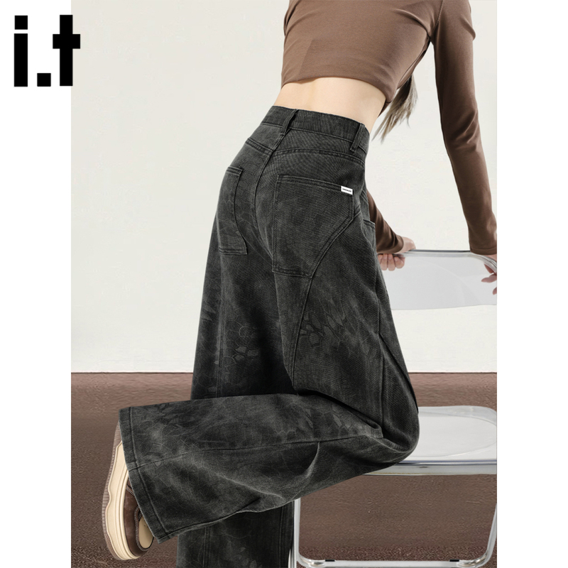 It:Chocoolate Camouflage Dark Pattern Wide-Leg Jeans for Women, Spring and Autumn 2026, Super Popular High-Waisted Slimming Straight-Leg Pants
