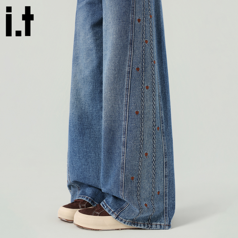 It: Chocoolate Niche Non-Repetitive Style Rhinestone Jeans for Women 2026 New High-Waisted Drapey Wide-Leg Pants