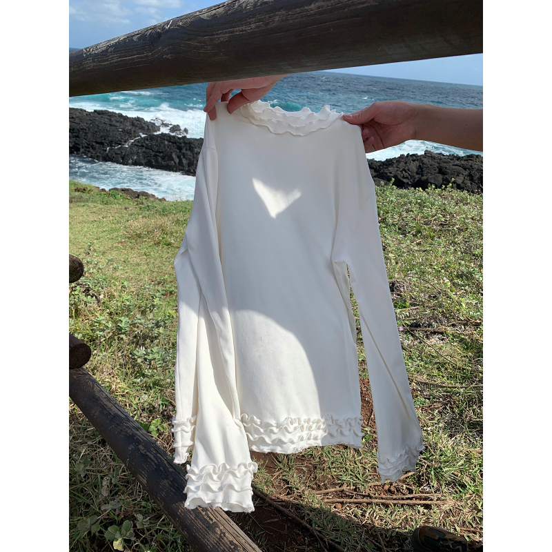 Fleece-Lined and Thickened Half-High Collar White Ruffled Base Shirt for Women, Autumn and Winter Inner Wear Top, T-Shirt, Knitted Sweater Fleece-Lined and Thickened Half-High Collar White Ruffled Base Shirt for Women, Autumn and Winter Inner Wear Top, T-Shirt, Knitted Sweater