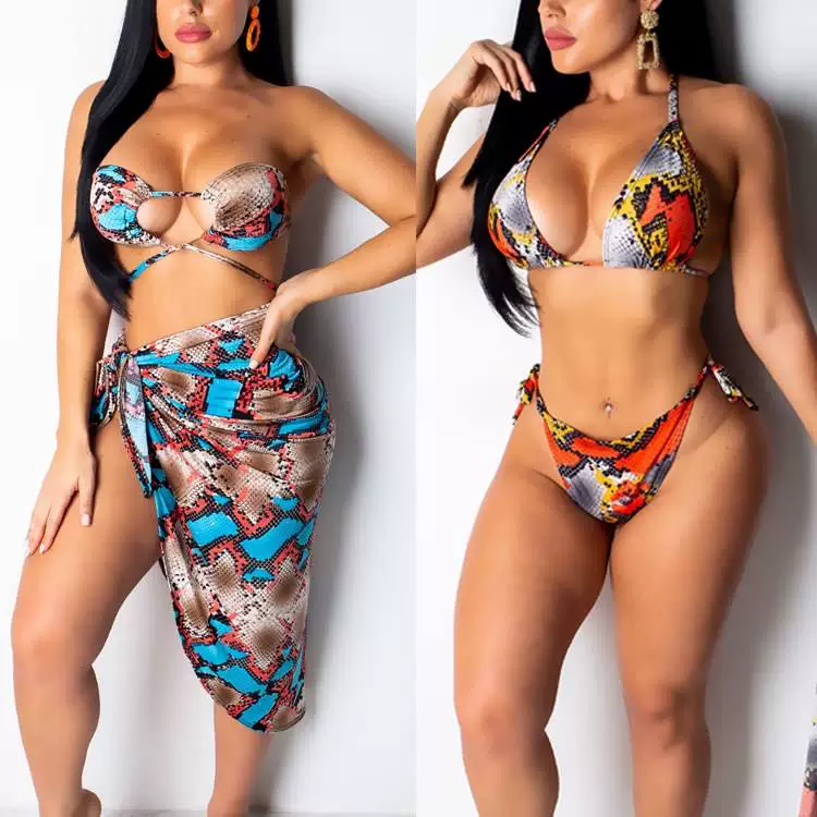 Snake bandage hanging neck bikini sunscreen three piece set
