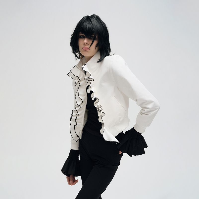 Statementcode Ruffled Shoulder Pad Zipper Jacket with Stand Collar, Long Sleeves, Fashionable and Elegant Short Coat Statementcode Ruffled Shoulder Pad Zipper Jacket with Stand Collar, Long Sleeves, Fashionable and Elegant Short Coat