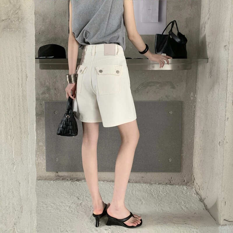 Smx Women's Jeans 2026 Summer New High-Waisted Slimming White Mid-Length Wide-Leg Shorts 98520-1