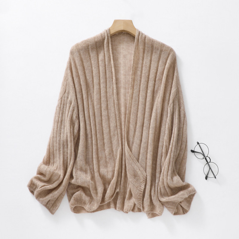 Autumn Thin Wool and Silk Knit Cardigan for Women, Loose Fit, Buttonless Cashmere Lyocell Shawl Coat Top