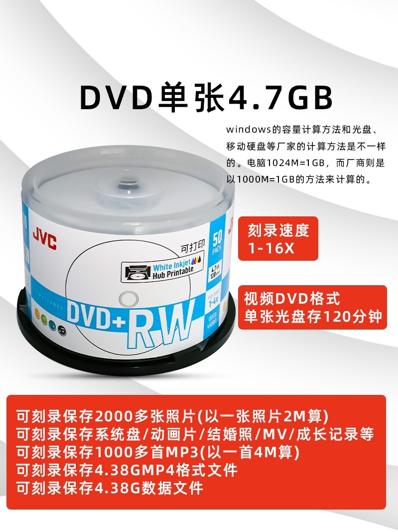 Jvc Printable and Rewritable Dvd Burning Disc 4.7Gb Dvd+Rw Repeatedly Rewritable Disc 4X Blank Disc