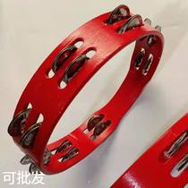 Customized double-row hand-cranked tambourine circle Orff percussion instrument for early childhood education performance 6-10 inches red wooden