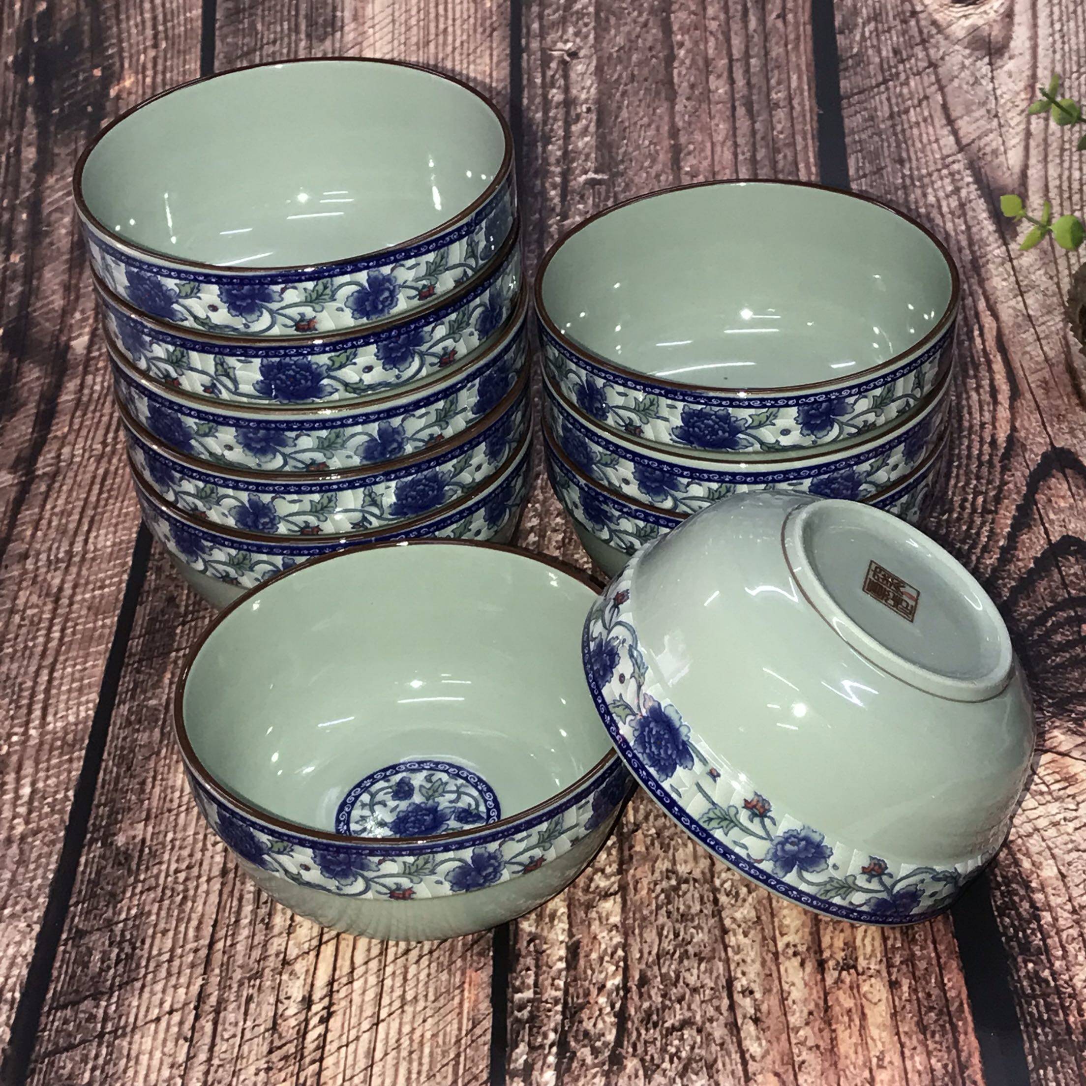 Green flower porcelain dining bowl home ceramic retro bowl soup brief about edge thickened Chinese wind cutlery 10 Installed Rice Bowl-Taobao