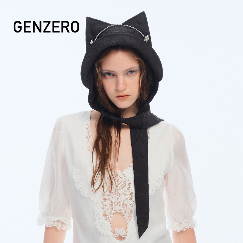 Genzero'Kitty' Embossed Ribbon Cat Ear Bucket Hat with Exquisite Rhinestone Design and Large Brim for Sun Protection Genzero'Kitty' Embossed Ribbon Cat Ear Bucket Hat with Exquisite Rhinestone Design and Large Brim for Sun Protection