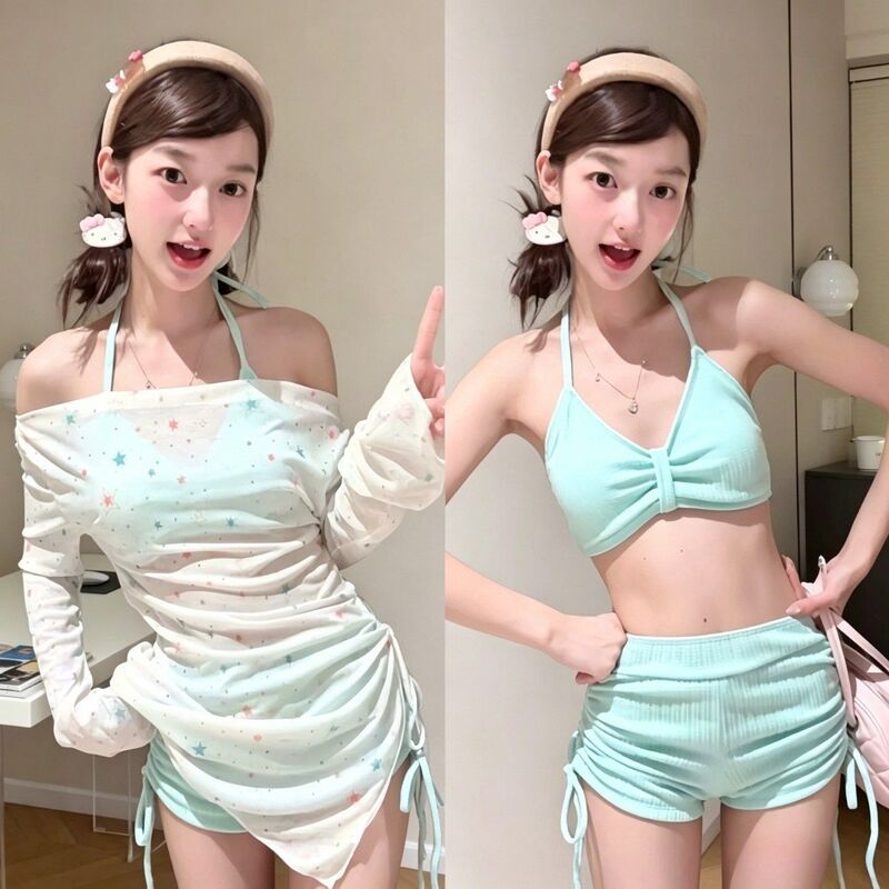 【Lime Star Swimsuit】Chai Huhu Mint Green Youthful Long-Sleeve Cover-Up Swimsuit Set 268938 【Lime Star Swimsuit】Chai Huhu Mint Green Youthful Long-Sleeve Cover-Up Swimsuit Set 268938