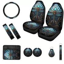 10-piece set dragonfly print car universal front seat cover coaster steering wheel cover shoulder pad armrest pad