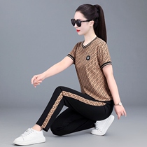 Pretending to be a mom 2023 summer new style fashionable middle-aged and elderly sportswear suit middle-aged womens summer short-sleeved T-shirt top