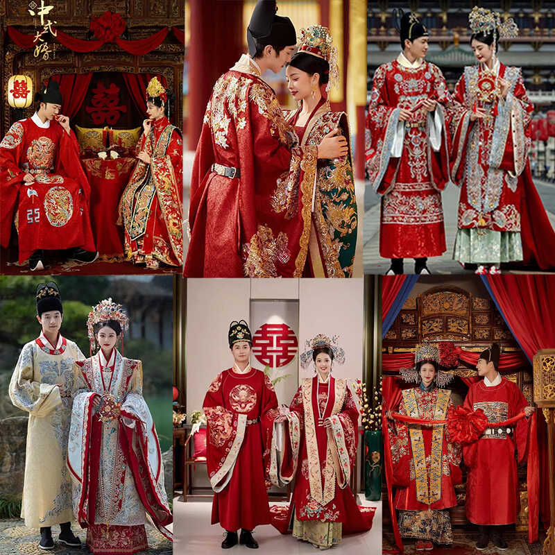 New Wedding Attire for Photo Studio Couple-Themed Photoshoots, Traditional Chinese-Style Wedding Dresses, New Chinese-Style Heavy-Duty Trailing Dresses for Men and Women