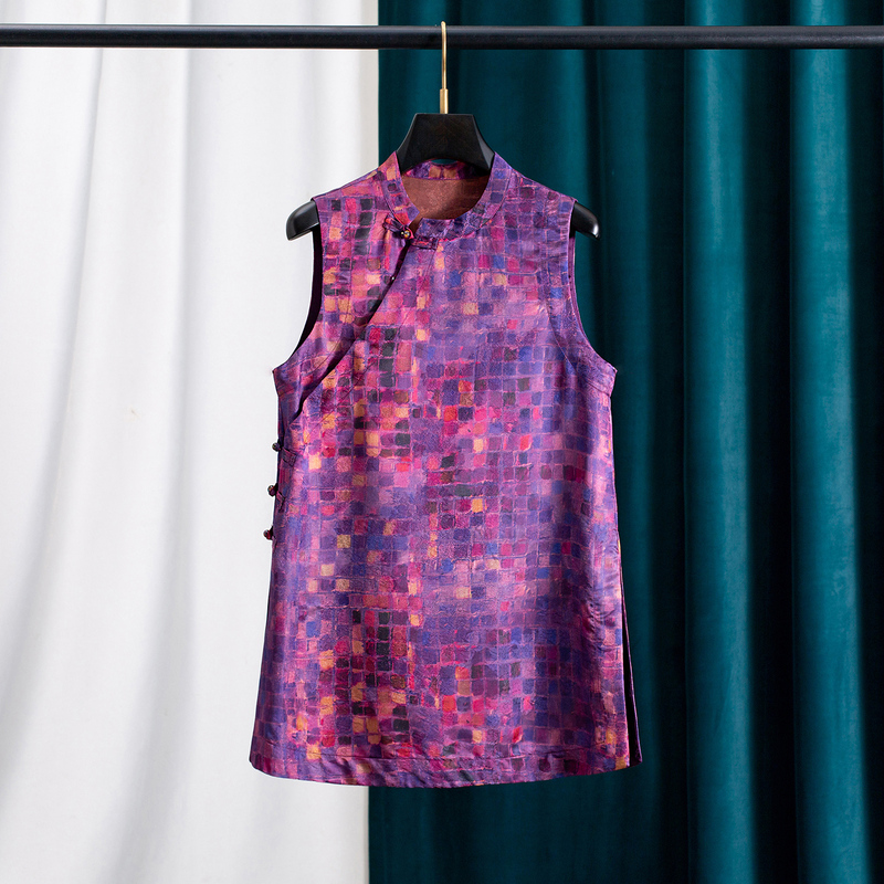 Casual Slit~ Mulberry Silk Fragrant Cloud Yarn Stand Collar Button-Up Vest Mid-Length Purple Sleeveless Top for Women Summer Casual Slit~ Mulberry Silk Fragrant Cloud Yarn Stand Collar Button-Up Vest Mid-Length Purple Sleeveless Top for Women Summer