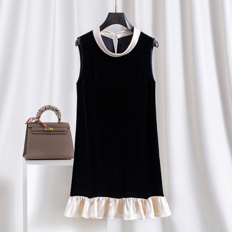 Silk Velvet~High-Neck Black and White Patchwork Black Silk Velvet Sleeveless Dress for Women, Summer Short Dress