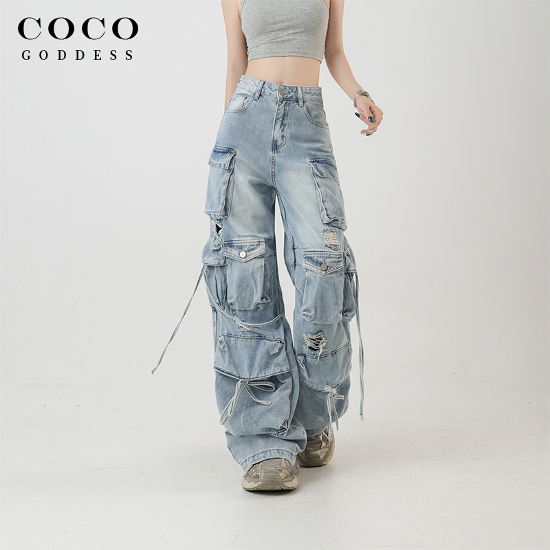 Autumn New American-Style Multi-Pocket Ripped Jeans for Women, Niche Design, High-Waisted Wide-Leg Tie-Up Pants, Trendy Autumn New American-Style Multi-Pocket Ripped Jeans for Women, Niche Design, High-Waisted Wide-Leg Tie-Up Pants, Trendy