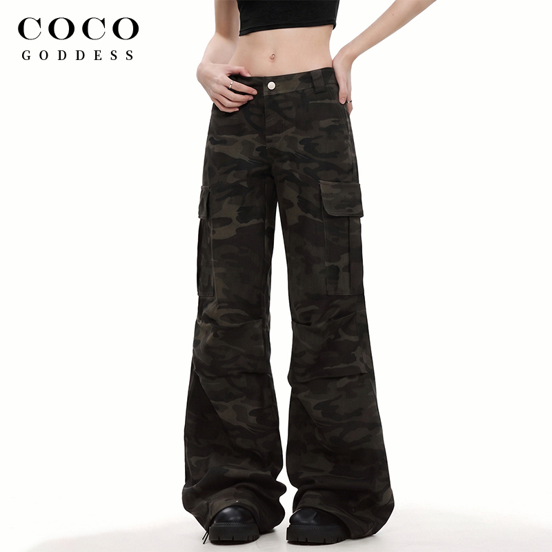 Coco&Goddess New Autumn Style Straight-Leg Slightly Flared Camouflage Cargo Pants for Women Loose Retro High Street Pants Coco&Goddess New Autumn Style Straight-Leg Slightly Flared Camouflage Cargo Pants for Women Loose Retro High Street Pants